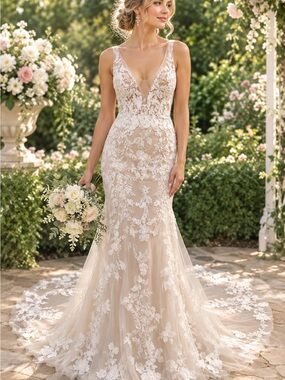 Maggie Sottero Champagne and Ivory Lace V-Neck Bridal Gown